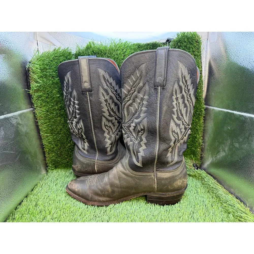 Lucchese Western Boot Men's 9.5 Black Leather Pull On Equestrian Cowboy Ranch